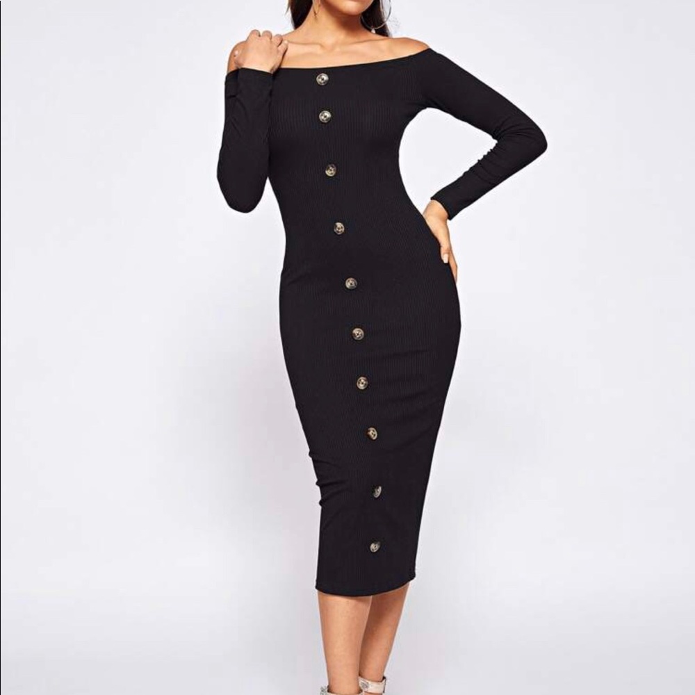 Black ribbed off the shoulder black dress